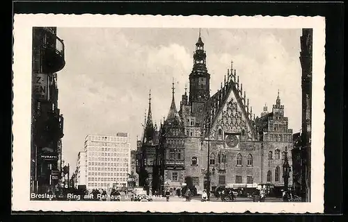 AK Breslau, Ring mit Rathaus und Hochhaus