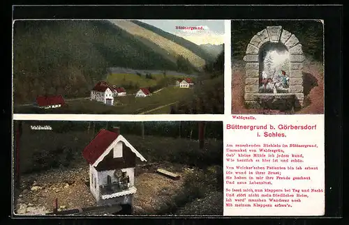 AK Görbersdorf i. Schl., Blick in den Büttnergrund, Waldmühle und Waldquelle