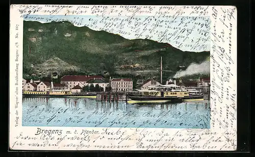 AK Bregenz, Panorama mit dem Pfänder, Seepartie mit Dampfer
