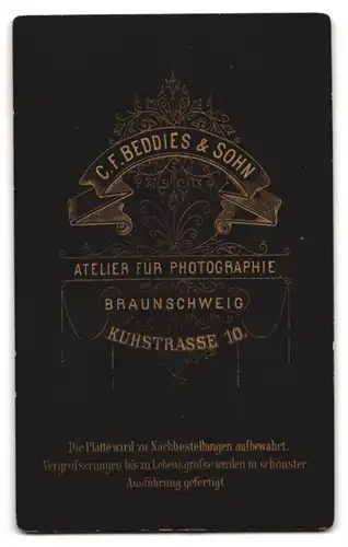 Fotografie C. F. Beddies & Sohn, Braunschweig, Kuhstrasse 10, Bürgerliches Ehepaar in eleganter Kleidung, Mann mit Bart