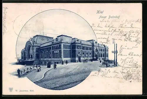 AK Kiel, Neuer Bahnhof, Gesamtansicht mit Strasse