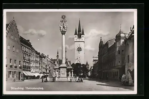 AK Straubing, Theresienplatz mit Kirche