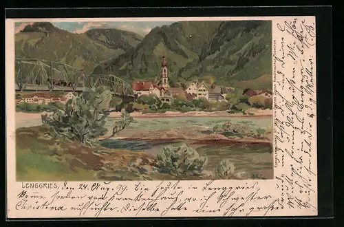 Künstler-AK Lenggries, Ortspanorama mit Brücke