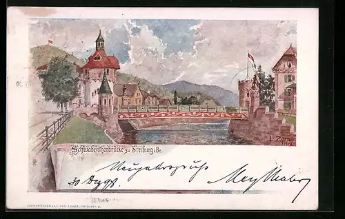 Künstler-AK Ludwig Zorn: Freiburg i. Br., Partie an der Schwabenthorbrücke