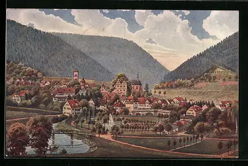 Künstler-AK Hirsau, Ortsansicht mit Bergblick