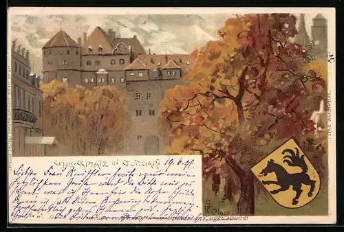 Lithographie Stuttgart, Partie am Schlossplatz, Wappen