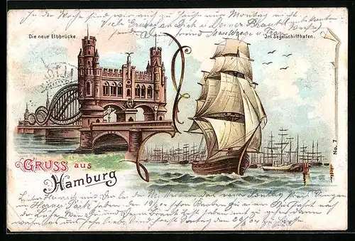 Lithographie Hamburg-Rothenburgsort, Neue Elbbrücke, Segelschiffhafen