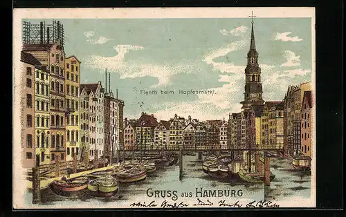 Lithographie Hamburg, Fleeth beim Hopfenmarkt