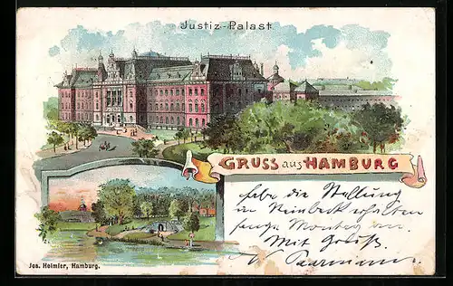 Lithographie Hamburg-Neustadt, Justiz-Palast, Uferpartie