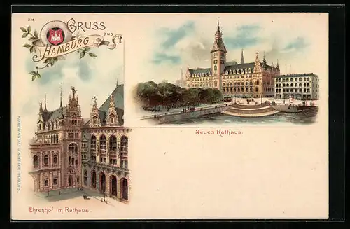 Lithographie Hamburg, Neues Rathaus, Ehrenhof im Rathaus