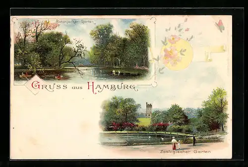 Lithographie Hamburg-St.Pauli, Botanischer-Garten, Zoologischer Garten