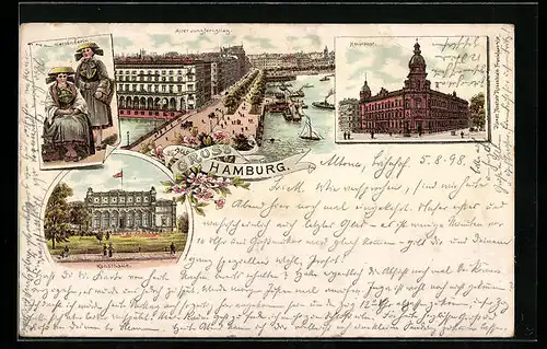 Lithographie Hamburg-Neustadt, Hauptpost, Alter Jungfernstieg, Vierländerin in Tracht