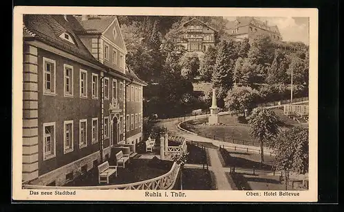 AK Ruhla /Thür., Neues Stadtbad mit Hotel Bellevue