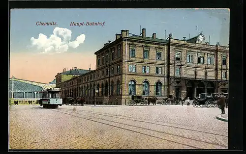 AK Chemnitz, Blick auf Haupt-Bahnhof, Strassenbahn