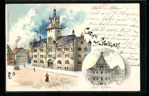 Lithographie Stuttgart, Neues Rathaus, Altes Rathaus