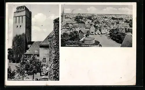 AK Delmenhorst, Gesamtansicht, Rathaus und Wasserturm