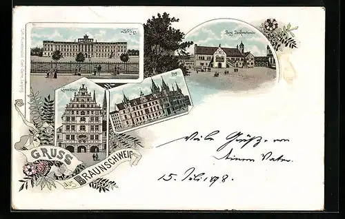 Lithographie Braunschweig, Schloss, Burg Dankwarderode, Gewandhaus