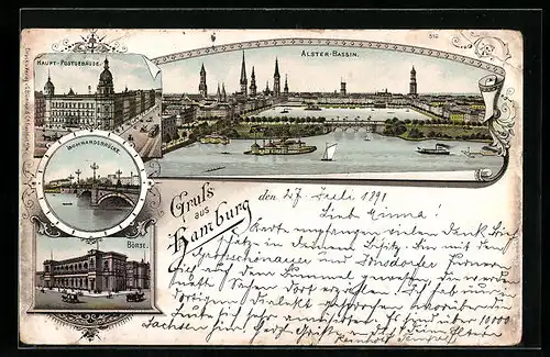 Lithographie Hamburg-Neustadt, Alster-Bassin, Haupt-Postgebäude, Lombardsbrücke