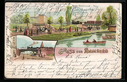 Lithographie Hamburg-Neustadt, Neues Ferdinand-Thor, Neue Bahnbrücke b. d. Esplanade