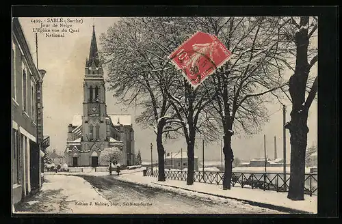 AK Sablé, Jour de Neige, L`Eglise vue du Quai National