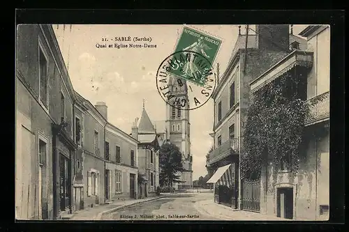 AK Sablé, Quai et Eglise Notre-Dame