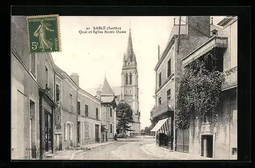 AK Sablé, Quai et Eglise Notre Dame
