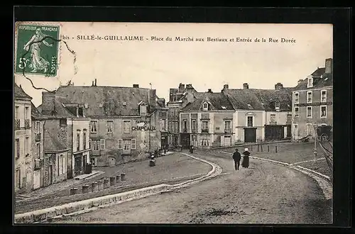 AK Sillé-le-Guillaume, Place du Marche aux Bestiaux et Entree de la Rue Doree