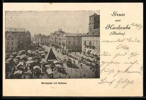 AK Karlsruhe /Baden, Marktplatz mit Rathaus