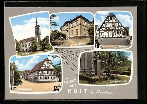 AK Ruit b. Bretten, Kirche, Schulhaus, Rathaus