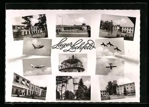 AK Lager Lechfeld, Ortspartie mit Flugzeugen