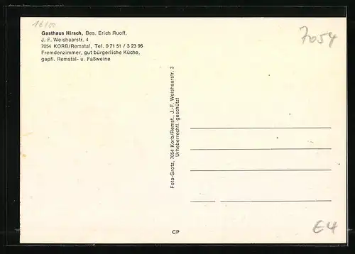 AK Korb /Remstal, Gasthaus Hirsch, Weishaarstr. 4
