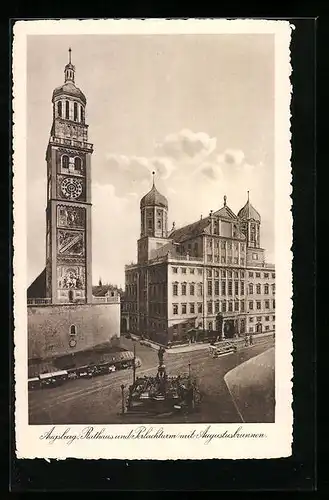 AK Augsburg, Rathaus und Perlachturm mit Augustusbrunnen