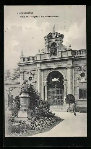 AK Augsburg, Partie im Stadtgarten mit Bismarckdenkmal