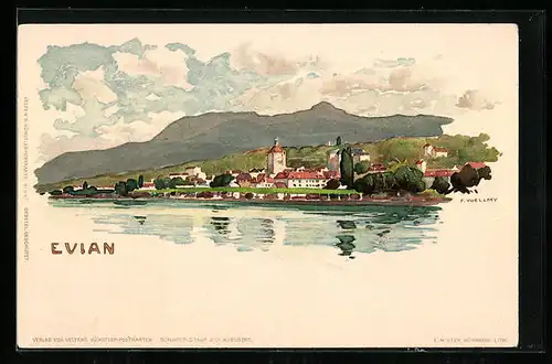 Künstler-AK Fritz Voellmy: Evian, Ortsansicht vom Wasser aus