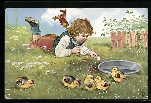 Künstler-AK Maxim Trübe: Kind mit Steckenpferd spielt mit Küken