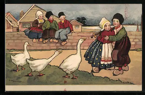 Künstler-AK Ethel Parkinson: Kinder fürchten sich vor Enten, Kinder auf Mauer sitzend