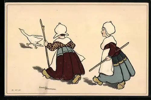 Künstler-AK Ethel Parkinson: Zwei Kinder mit Ente, Tracht, Holzschuhe