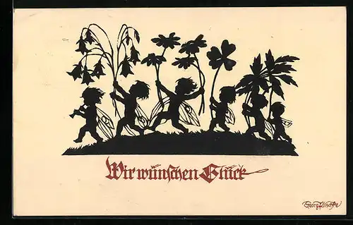Künstler-AK Georg Plischke: Feen mit Blumen, Glücksklee, Schattenriss