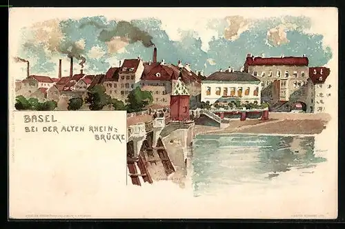 Künstler-AK Fritz Voellmy: Basel, bei der alten Rhein-Brücke