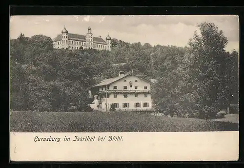 AK Eurasburg im Isartal /Bichl., Blick auf die Burg mit Wald