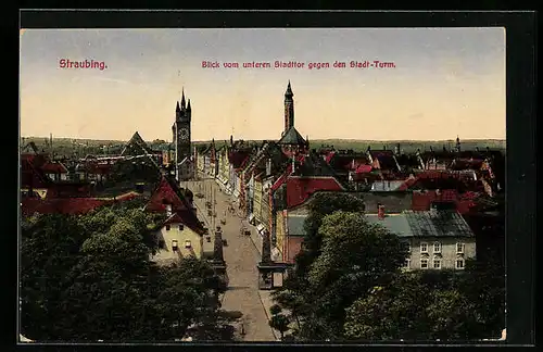 AK Straubing, Blick vom unteren Stadttor gegen den Stadt-Turm