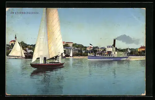 AK Starnberg, Starnbergersee, Segelboot und Dampfer auf dem See