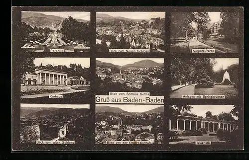 AK Baden-Baden, Anlage mit Springbrunnen, Schloss Solms, Trinkhalle