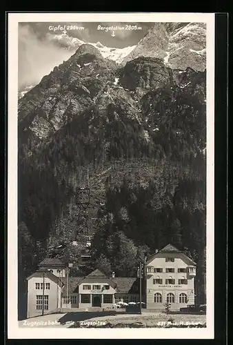 AK Zugspitze, Zugspitzbahn mit Zugspitz-Hotel und Blick zur Bergstation