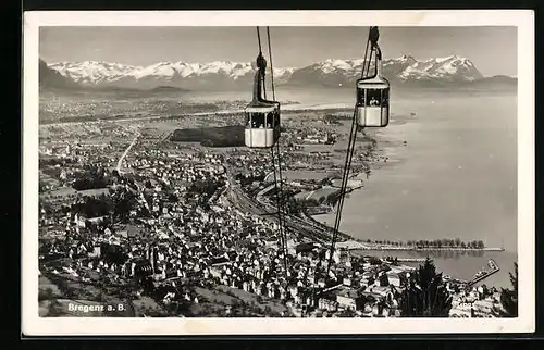 AK Bregenz a. B., Seilbahn über der Stadt, mit Bodenseeblick