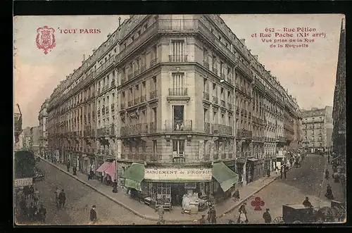 AK Paris, Rue Pétion et Rue Pache, Vue prise de la Rue de al Roquette, Strassenpartie