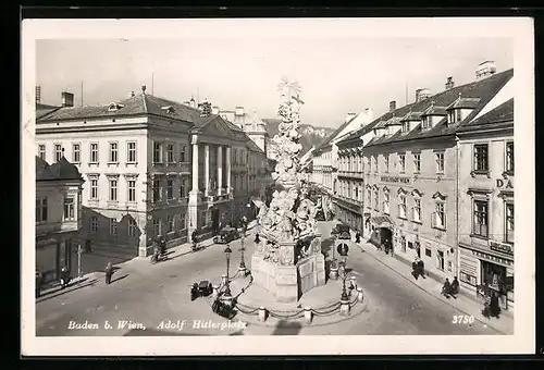 AK Baden, platz mit Hotel Stadt Wien und Denkmal