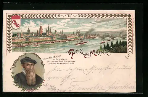 Lithographie Mainz, Stadtpanorama, Gutenberg-Portrait