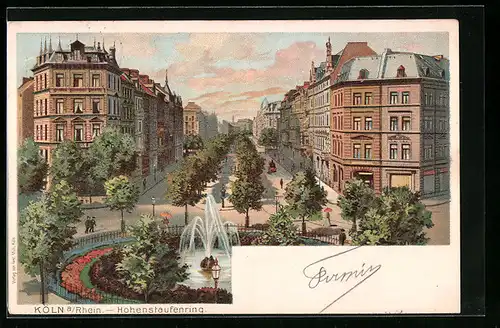 Lithographie Köln-Neustadt, Hohenstaufenring mit Springbrunnen