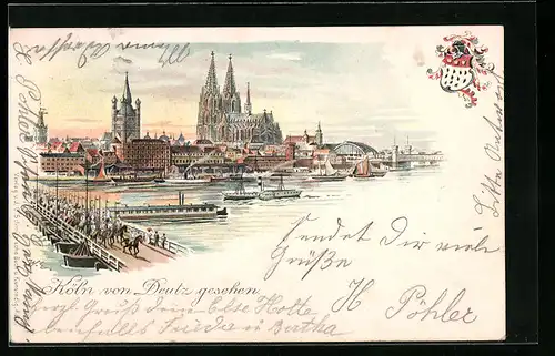 Lithographie Köln-Deutz, Stadtansicht mit Dom, Stadtwappen